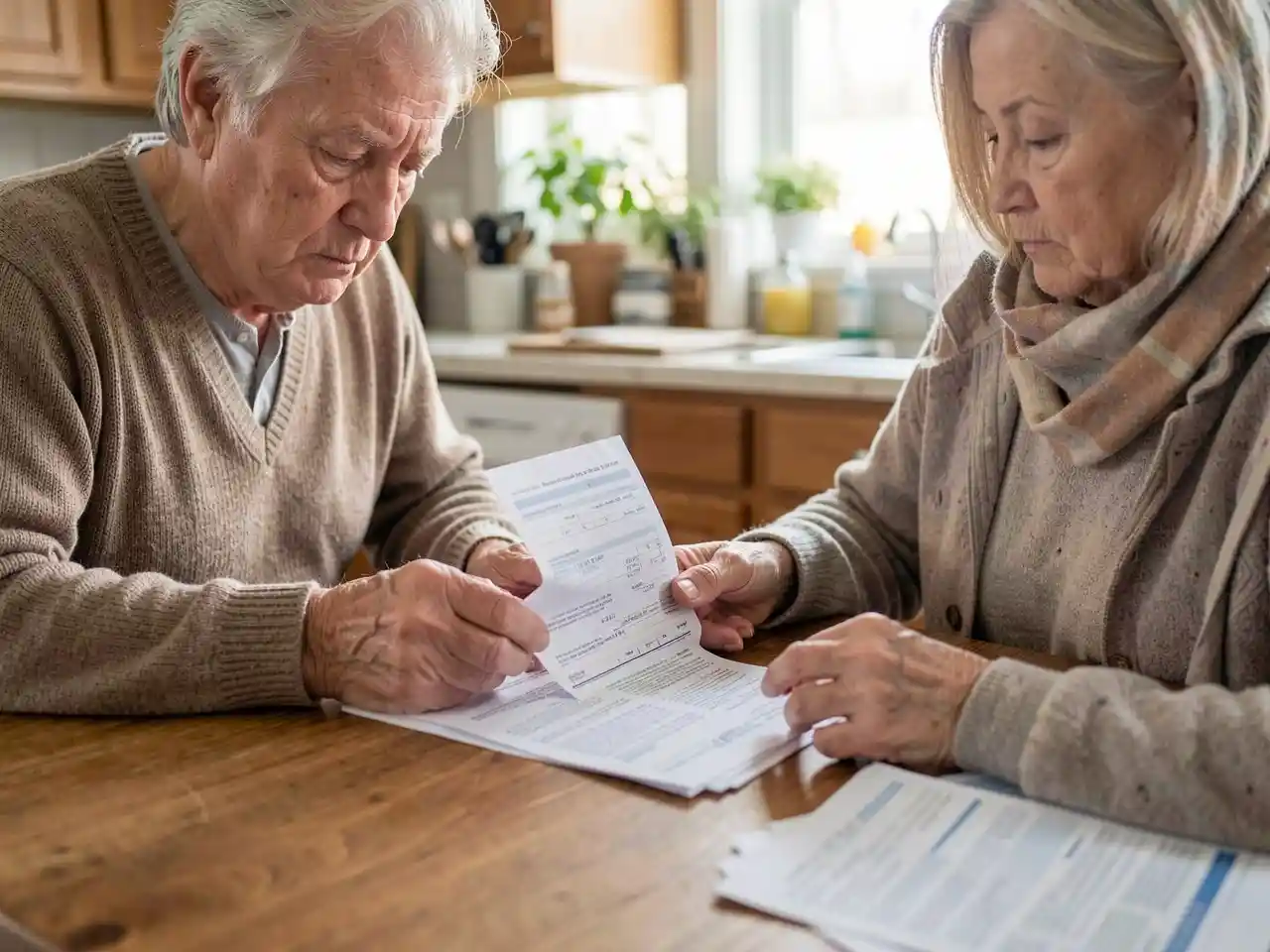Older American couple quietly reviewing bills at home representing the financial cost of aging