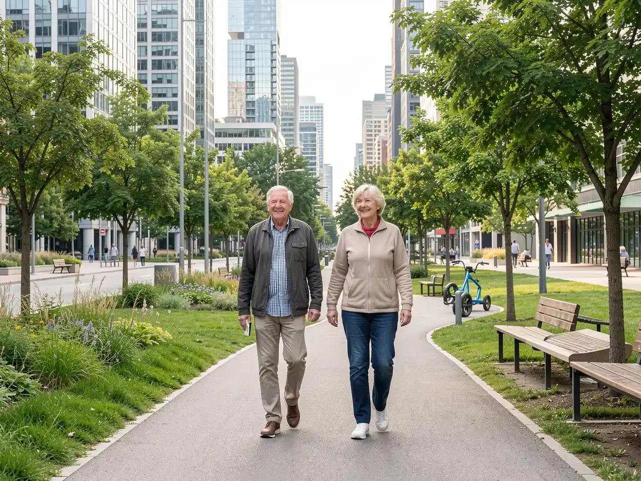 Older couple walking through a modern accessible park representing an ideal age-friendly city