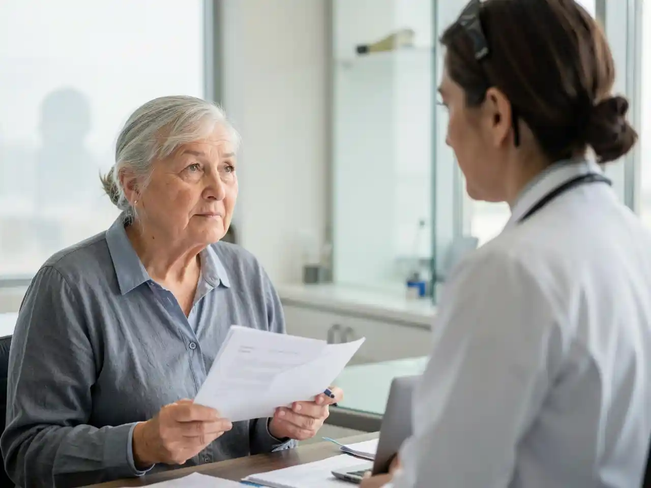 Older patient thoughtfully listening to a doctor, representing the balance between trust and personal agency in aging
