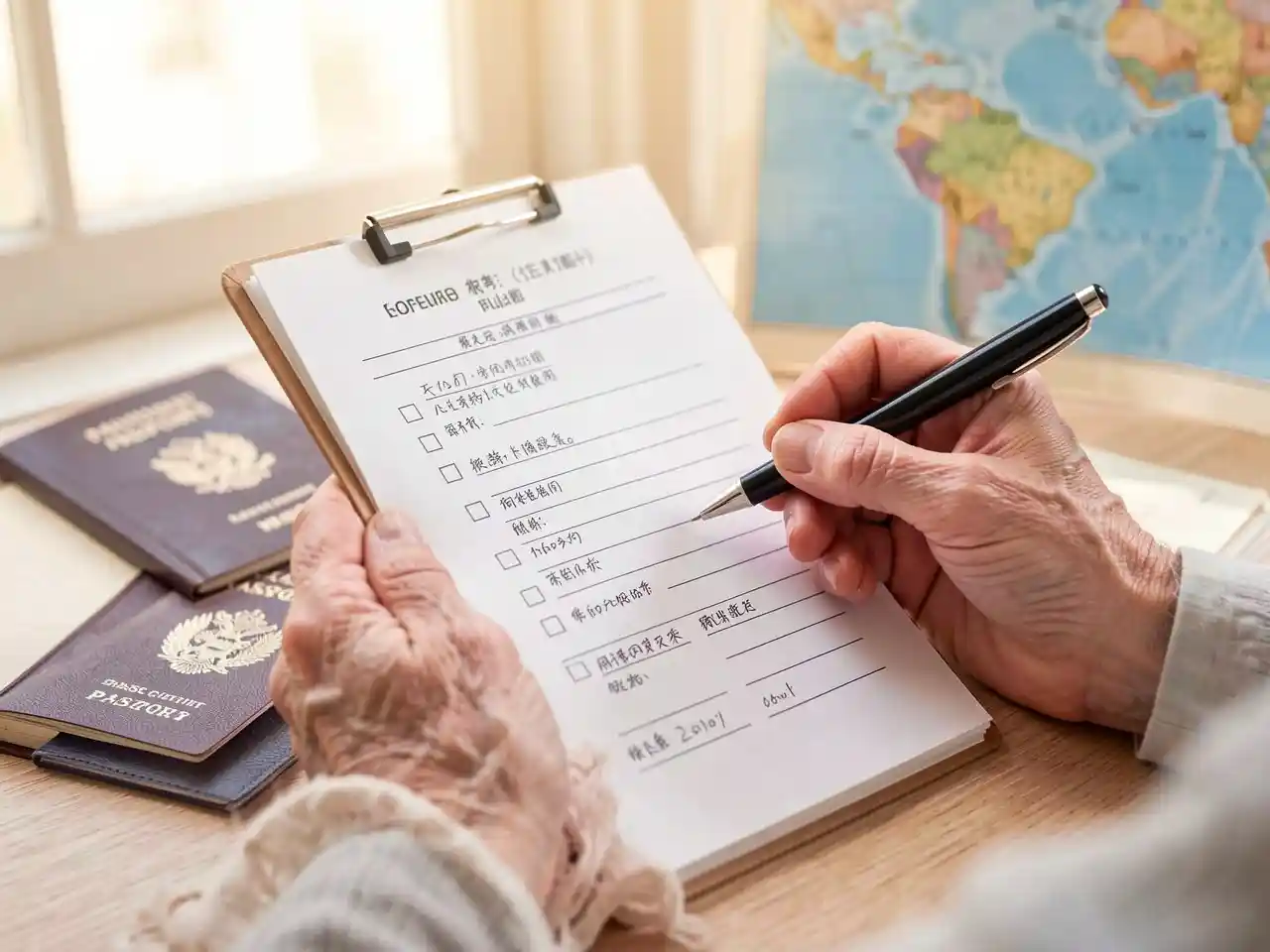 Older person's hands holding a retirement checklist with a passport and world map in background