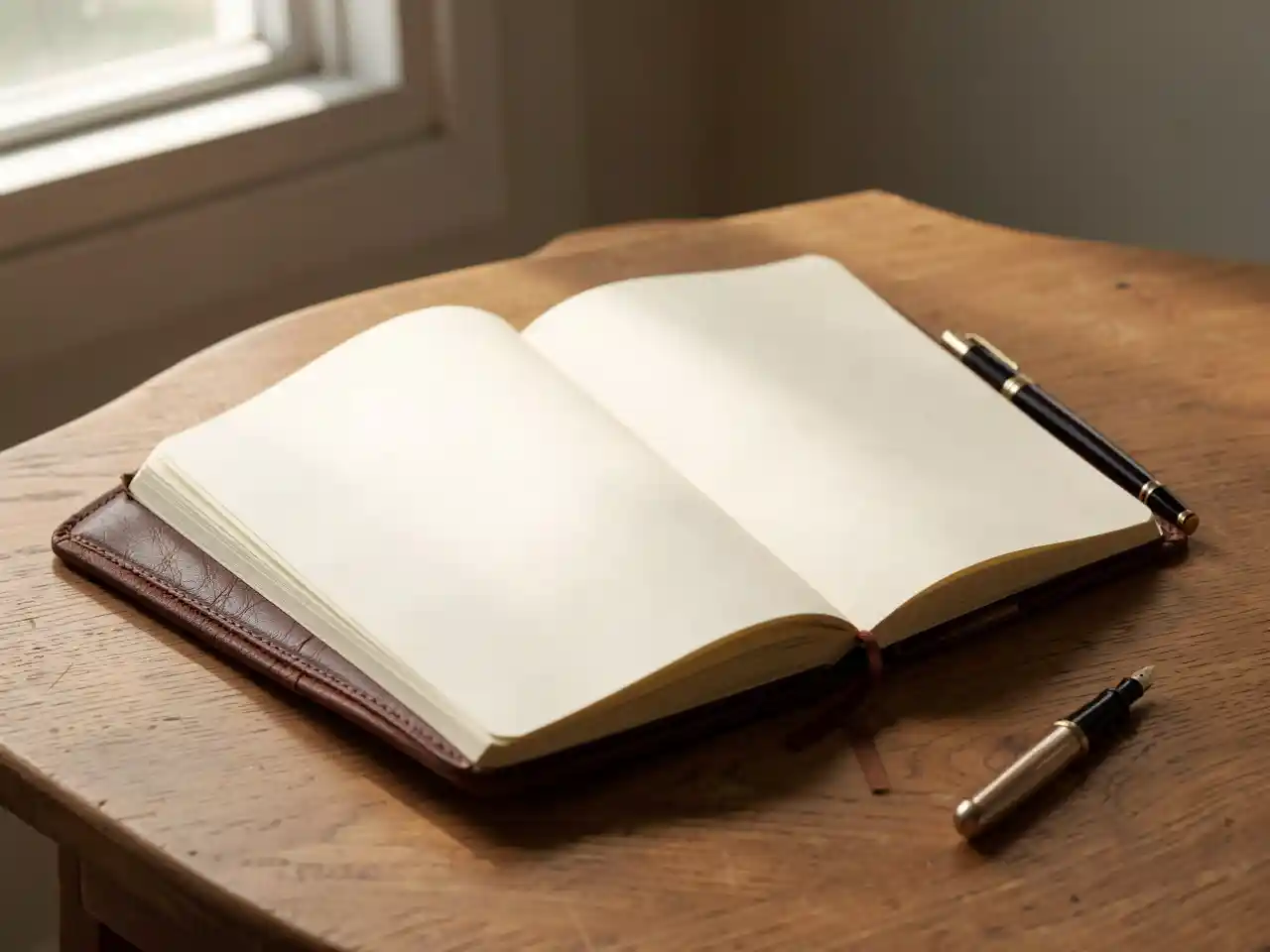 Open leather journal and fountain pen on a sunlit wooden desk, ready for writing