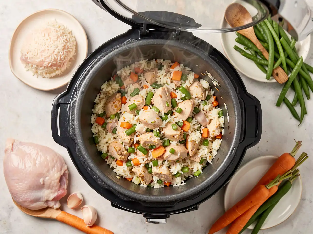 Overhead flat lay of an open rice cooker filled with chicken and vegetable rice, surrounded by fresh ingredients like raw chicken, rice, carrots, and beans
