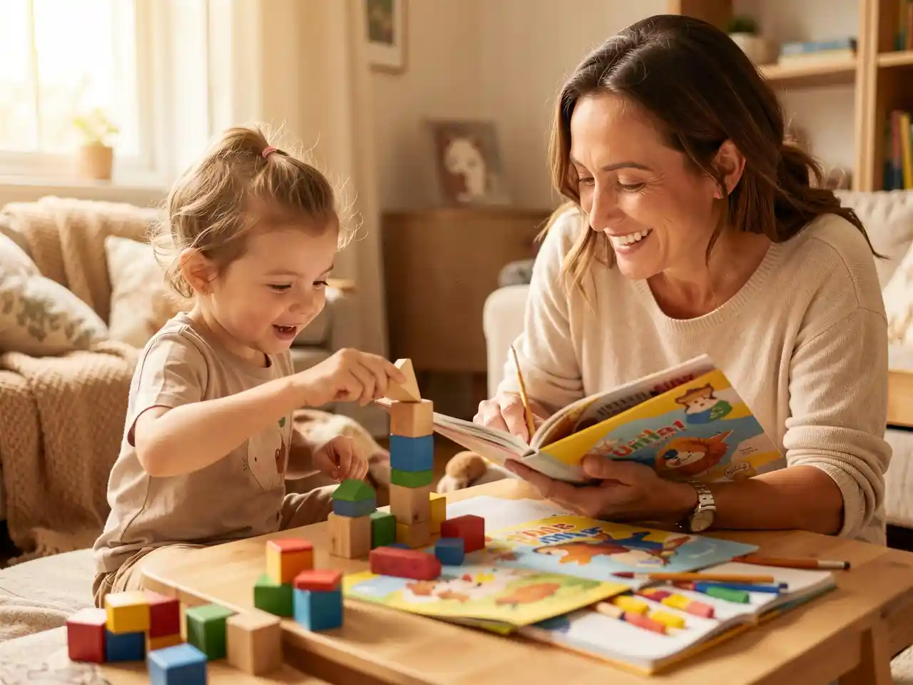 Parent and child happily building with blocks together during screen-free time