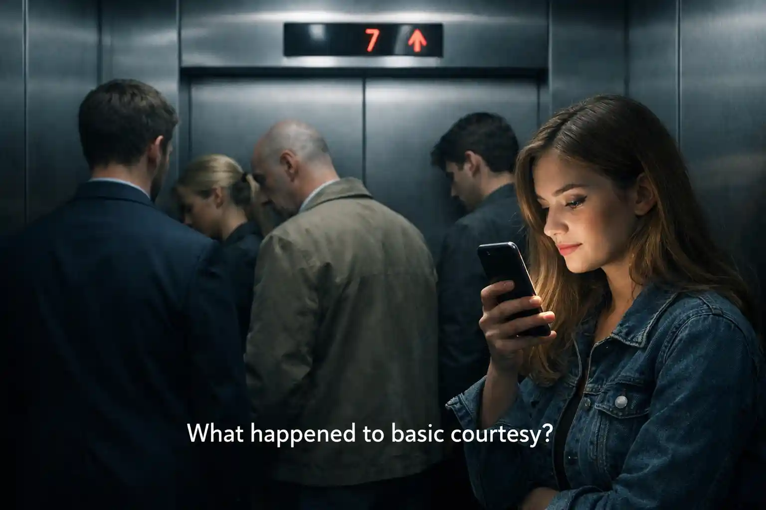 People standing silently in an elevator while a woman looks at her phone, with the caption “What happened to basic courtesy?”