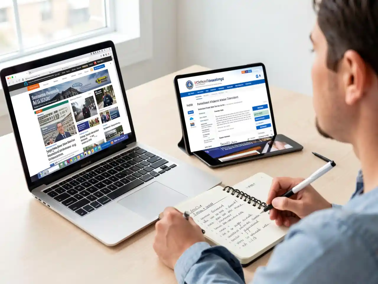 Person comparing policy information on laptop, tablet, and notebook at a desk