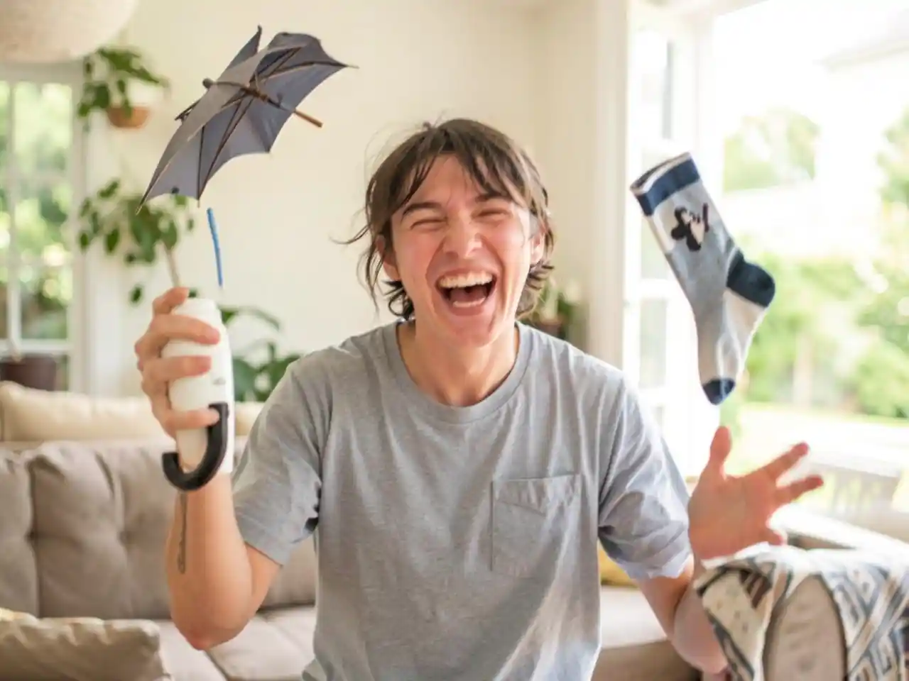 Person laughing while juggling an umbrella, coffee cup, and mismatched sock