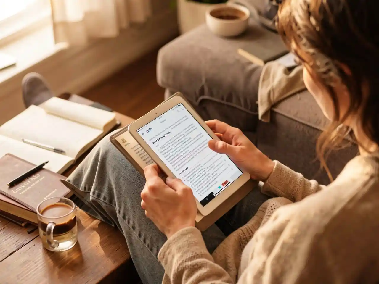 Person reading a book and using a tablet with coffee, representing blended lifelong learning