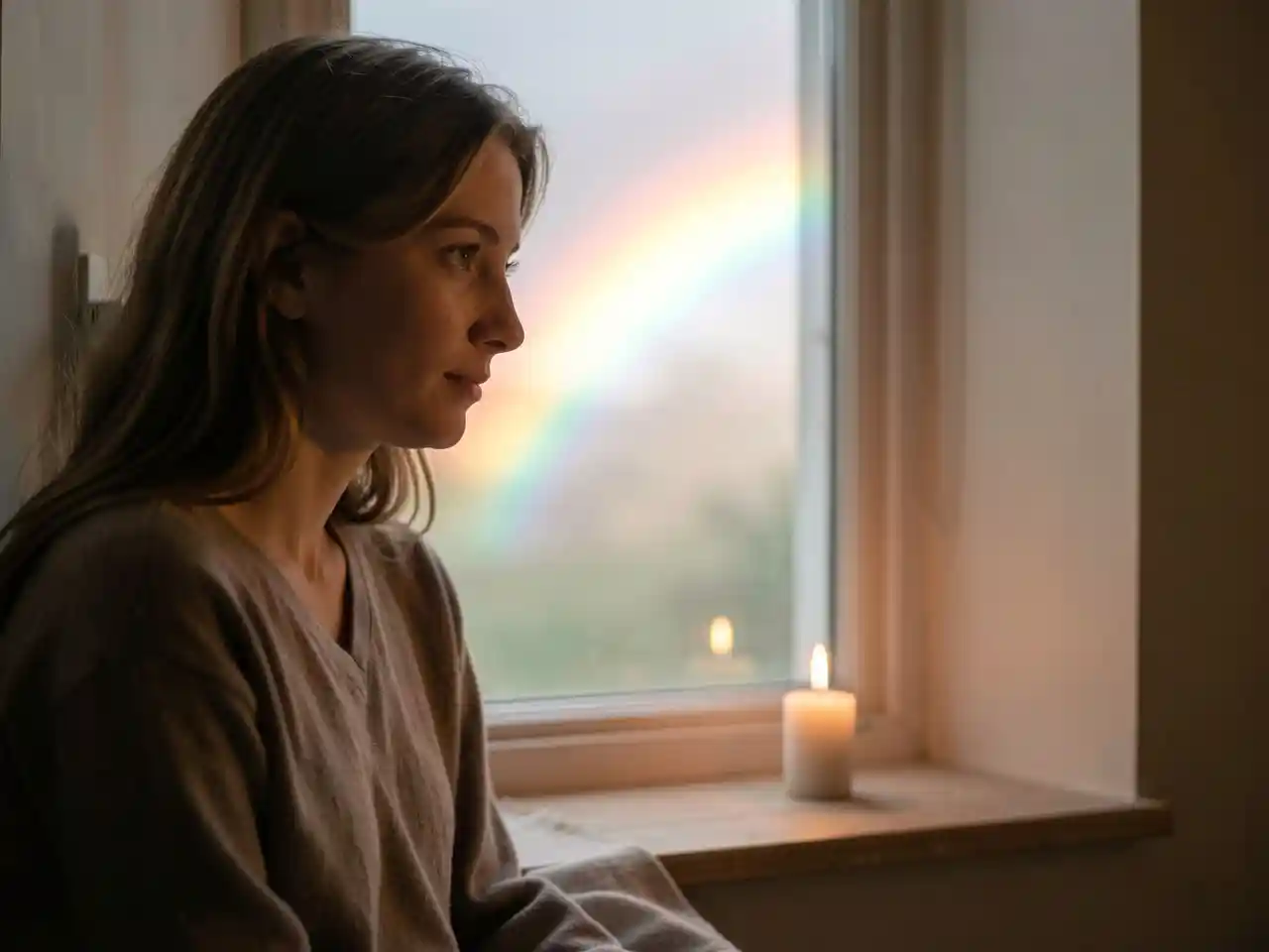 Person sitting peacefully by a window, illuminated by soft morning light, with a fleeting rainbow outside and a steady candle flame inside, symbolizing the silent difference between temporary happiness and enduring joy