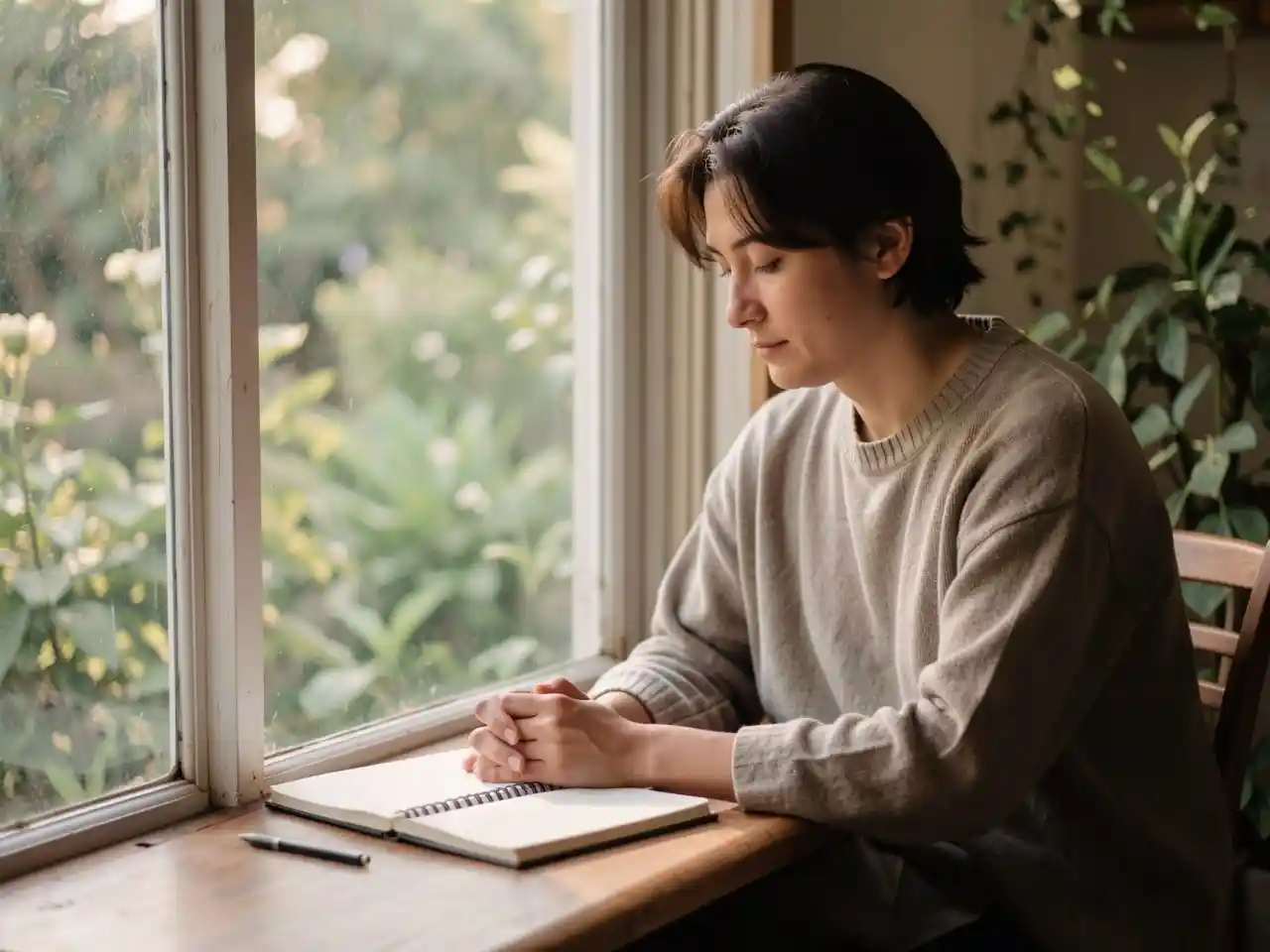 Person sitting peacefully in a garden writing in a notebook, representing mindful well-being