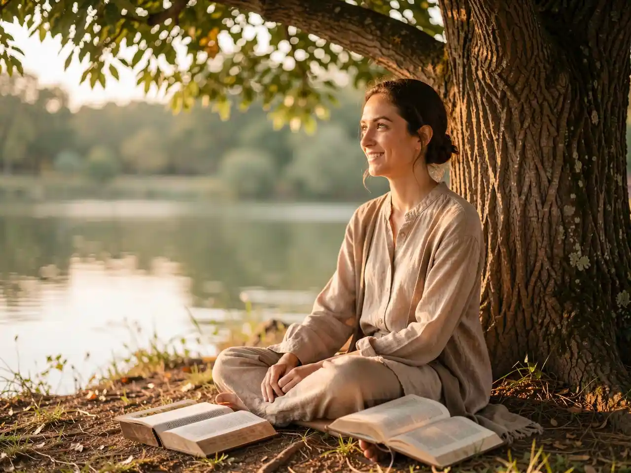 Person sitting peacefully in nature reading a book, bathed in warm light