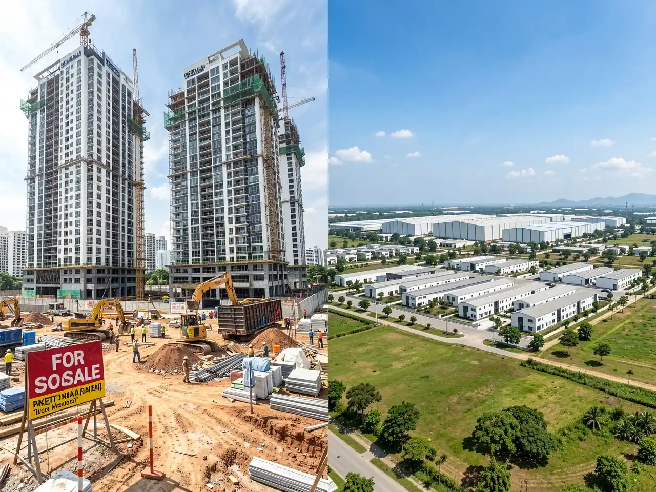 Philippine real estate market analysis: Split view comparing Metro Manila vertical growth with provincial industrial expansion - H1 2024 vs H1 2025 trends