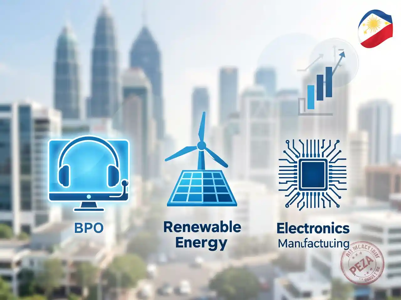 Philippines investment guide infographic: Icons representing BPO, renewable energy, and electronics manufacturing sectors with a modern cityscape background