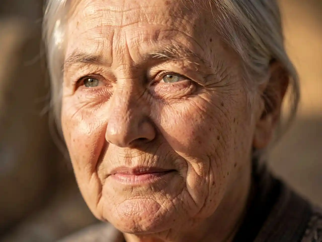 Powerful close-up portrait of an older person's face with warm, artistic lighting, celebrating their resilience, wisdom, and dignity in facing the challenges of aging