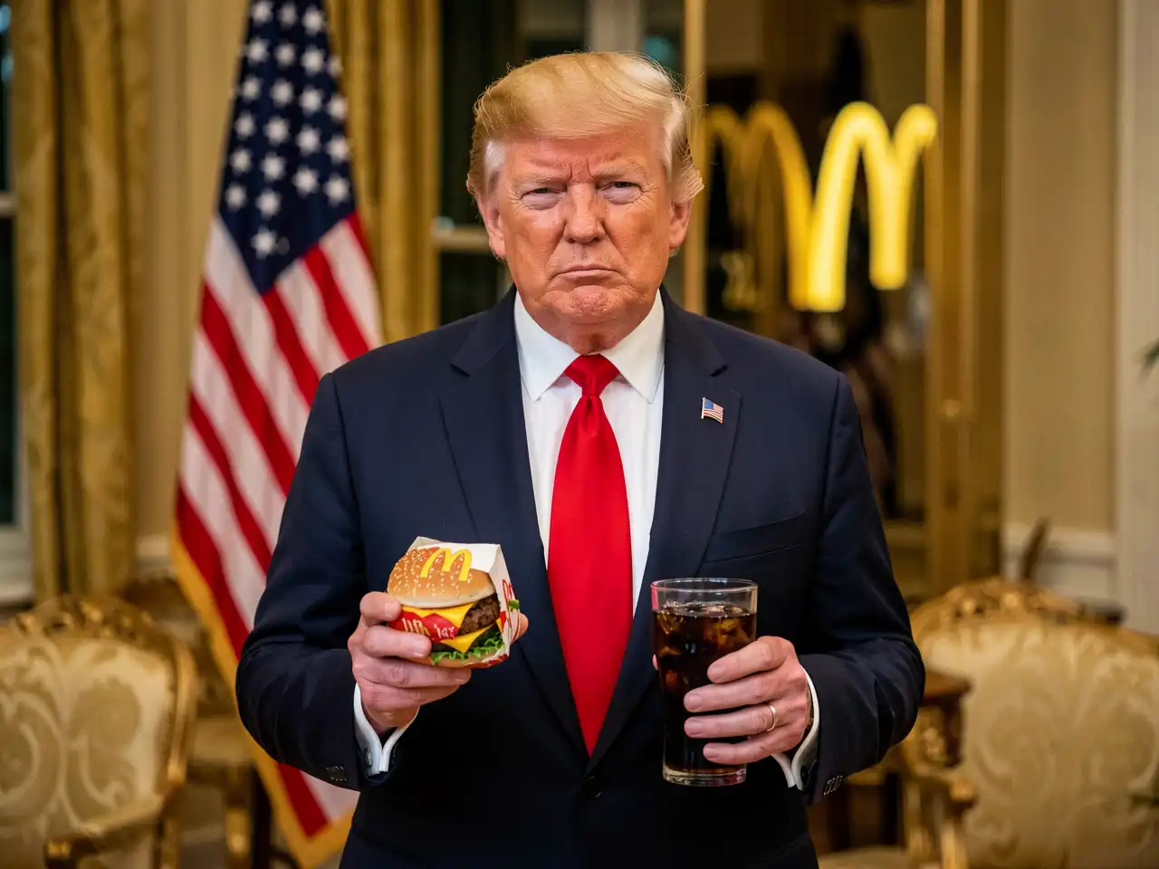 President Trump holding a Big Mac and Diet Coke with American flag backdrop