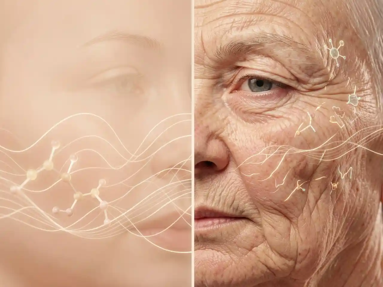Scientific macro illustration comparing young, elastic skin structure with aging skin showing wrinkles and collagen loss, representing the science of skin aging after 40