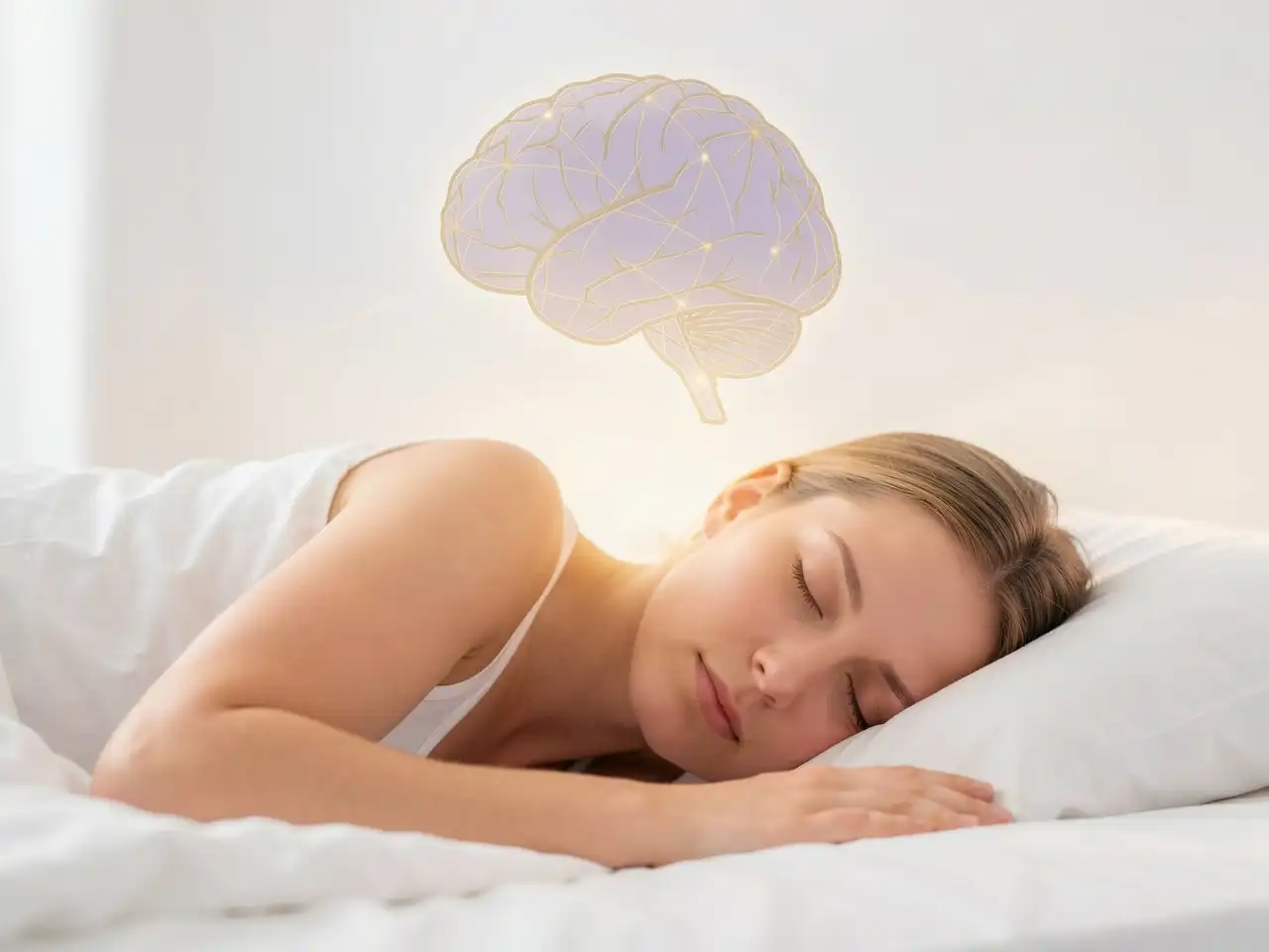 Serene woman sleeping with a faint, abstract brain outline above her, representing the link between menopause, sleep, and cognitive health