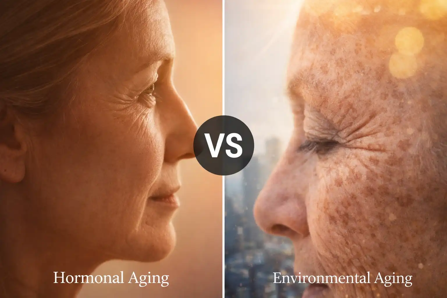 Side-by-side comparison image; left side shows a soft-focus profile of a woman's face with fine lines, right side shows a detailed close-up of skin with sunspots and wrinkles, with a 'VS' graphic in the middle