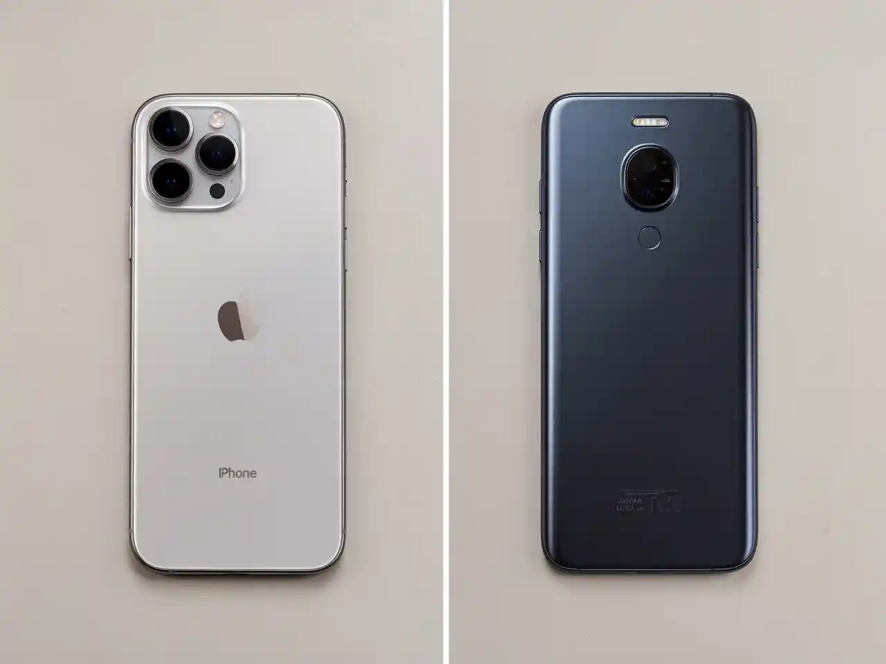 Side-by-side comparison of an iPhone and a Samsung Galaxy phone on a neutral surface