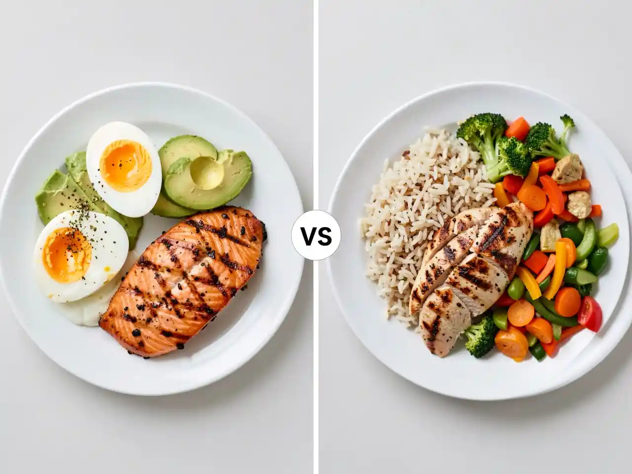 Split image comparing a keto plate with eggs and avocado to a low-calorie plate with chicken and rice