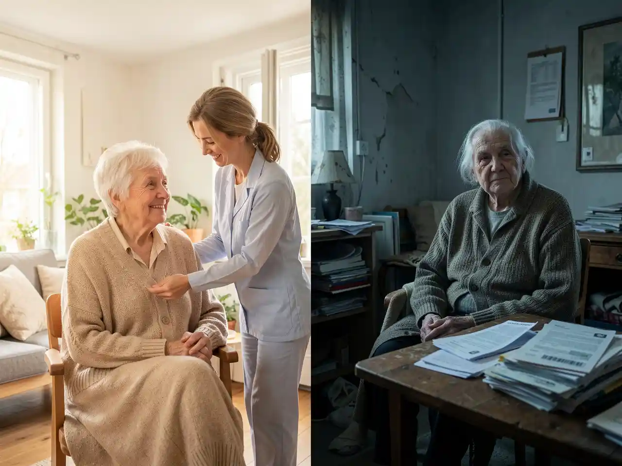 Split image contrasting a warm scene of an older person receiving dignified care in a bright home with a cooler scene of an older person alone with bills, representing Europe's elder care crisis and policy divide