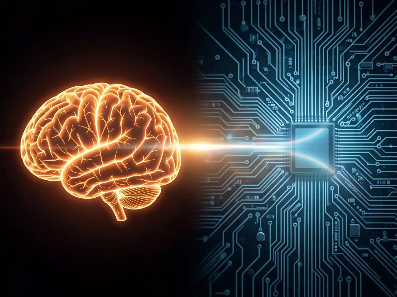 Split image of a glowing human brain and a circuit board connected by a line of light