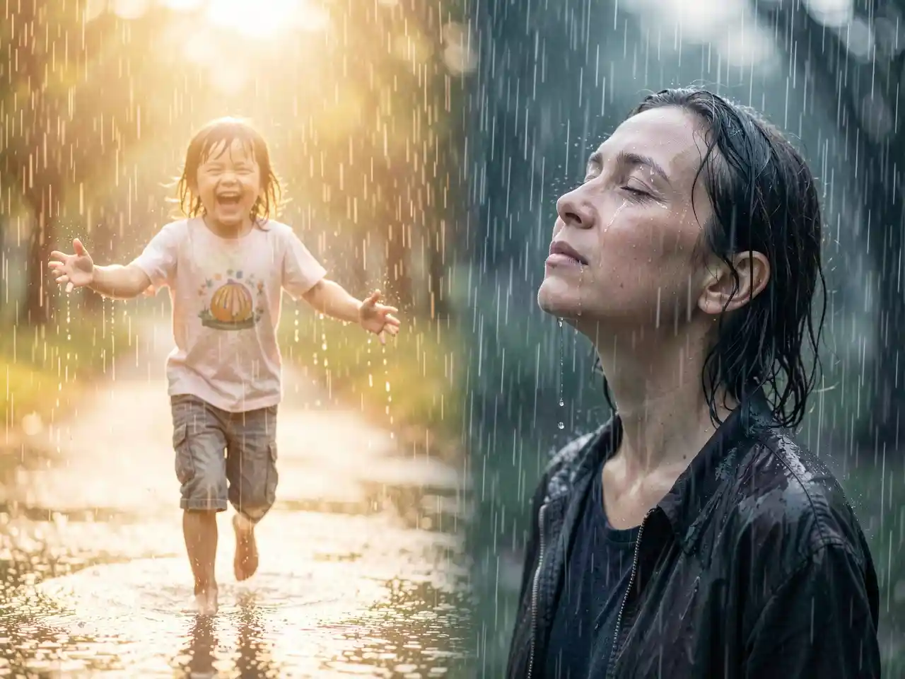 Split image of a joyful child running barefoot in warm rain and a contemplative adult standing still with face upturned in cool rain, symbolizing the heart's memory of innocence and the healing power of vulnerability