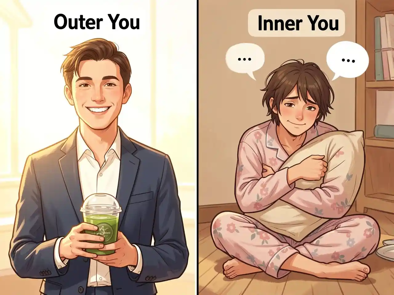 Split image of a person: one side a polished, smiling version with a latte in a bright setting labeled "Outer You," the other side a relaxed, pajama-clad version hugging a pillow in a cozy room labeled "Inner You," humorously depicting the contrast between public facade and private reality