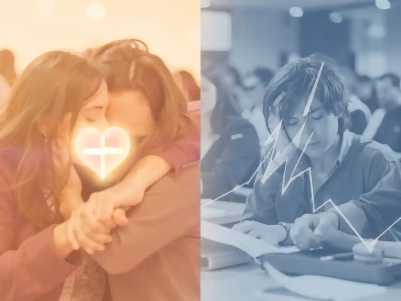 Split image of a warm hug on one side and a stressed person on the other, representing oxytocin and cortisol