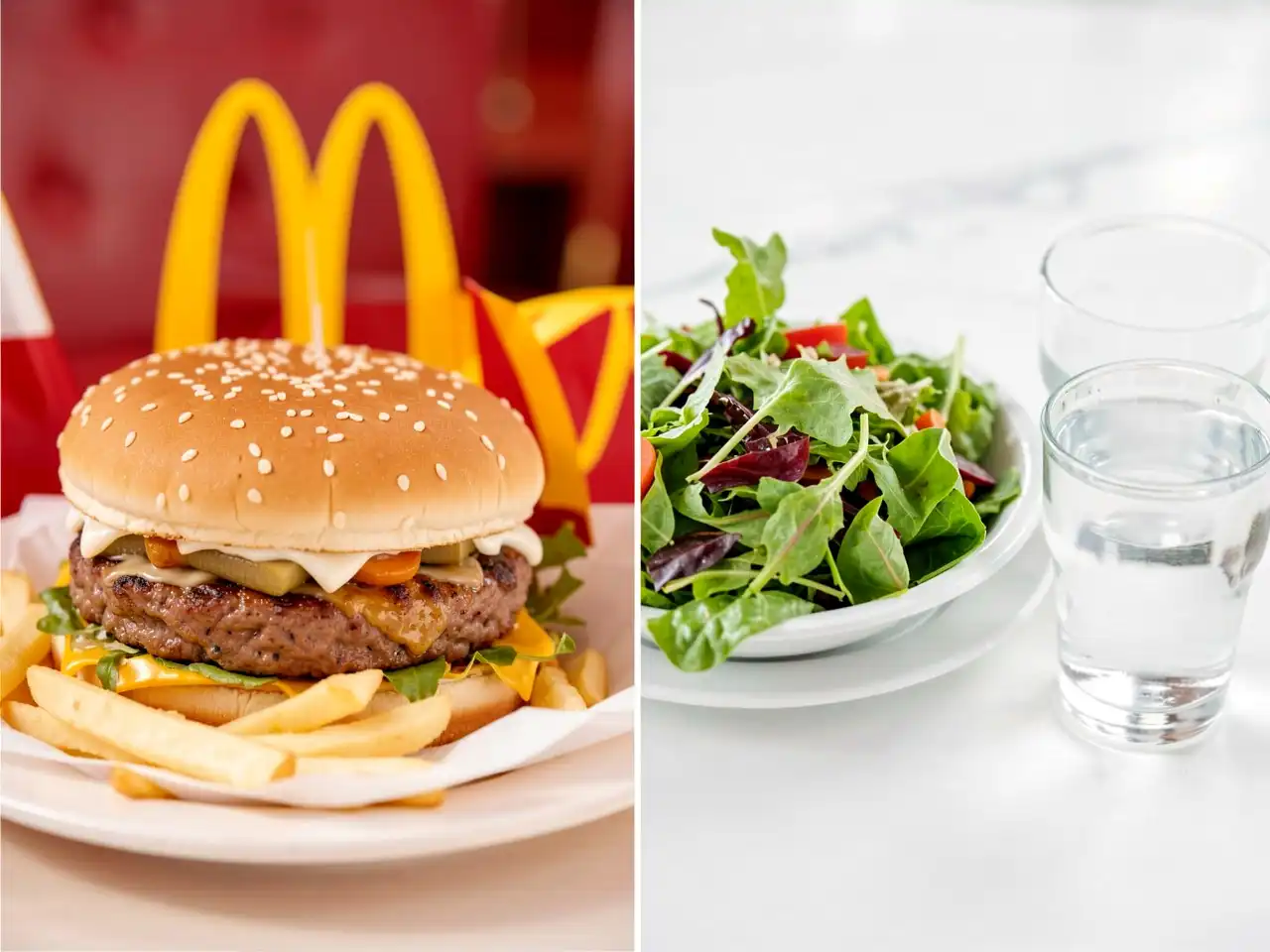 Split image showing a McDonald's burger and fries on one side and a healthy green salad with water on the other