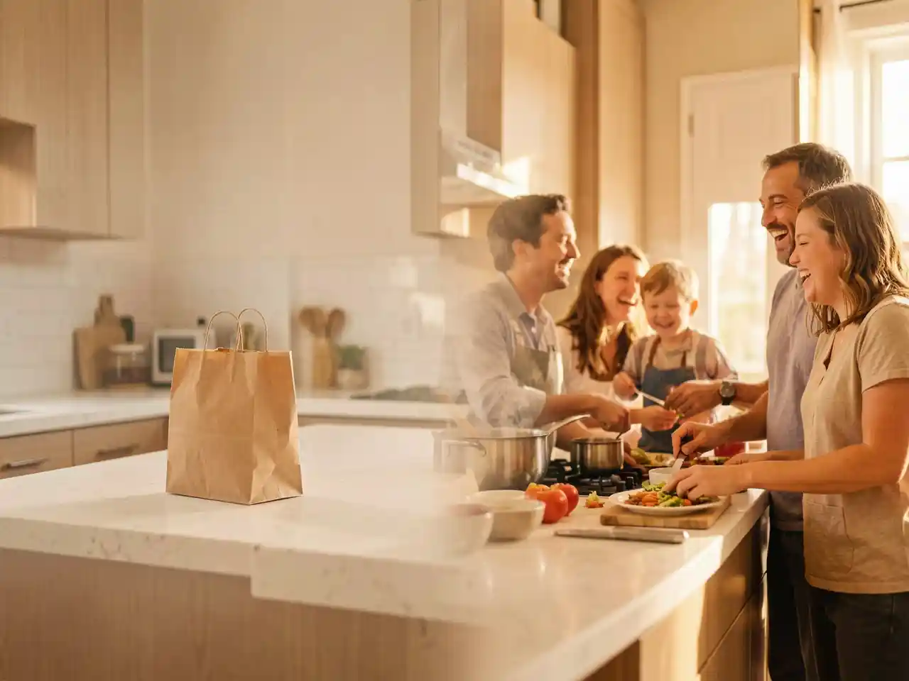 Split image showing a modern kitchen with a takeout bag on one side and a happy family cooking together on the other