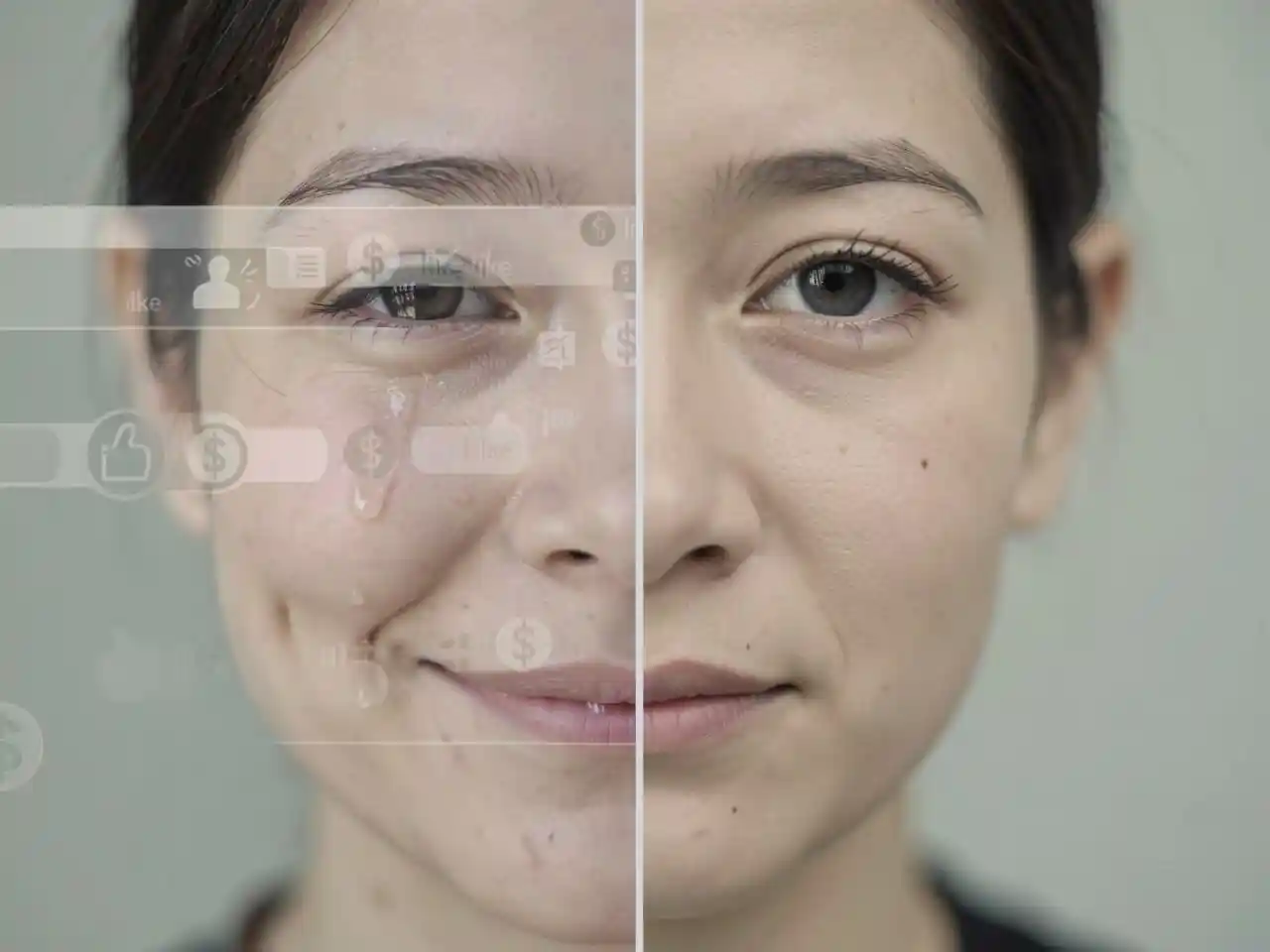 Split portrait of a person's face, one side with a faint forced smile and digital icons, the other side calm and, representing the contrast between performed happiness and inner truth