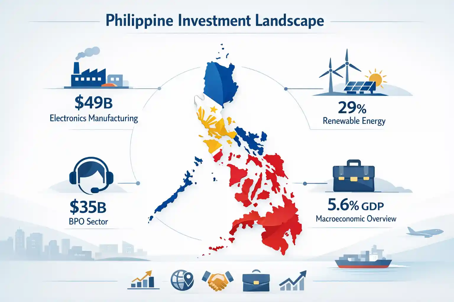Stylized map of the Philippines with clean infographic icons representing key data on BPO, renewable energy, electronics manufacturing, and GDP growth, symbolizing a comprehensive, data-driven investment guide for foreign investors