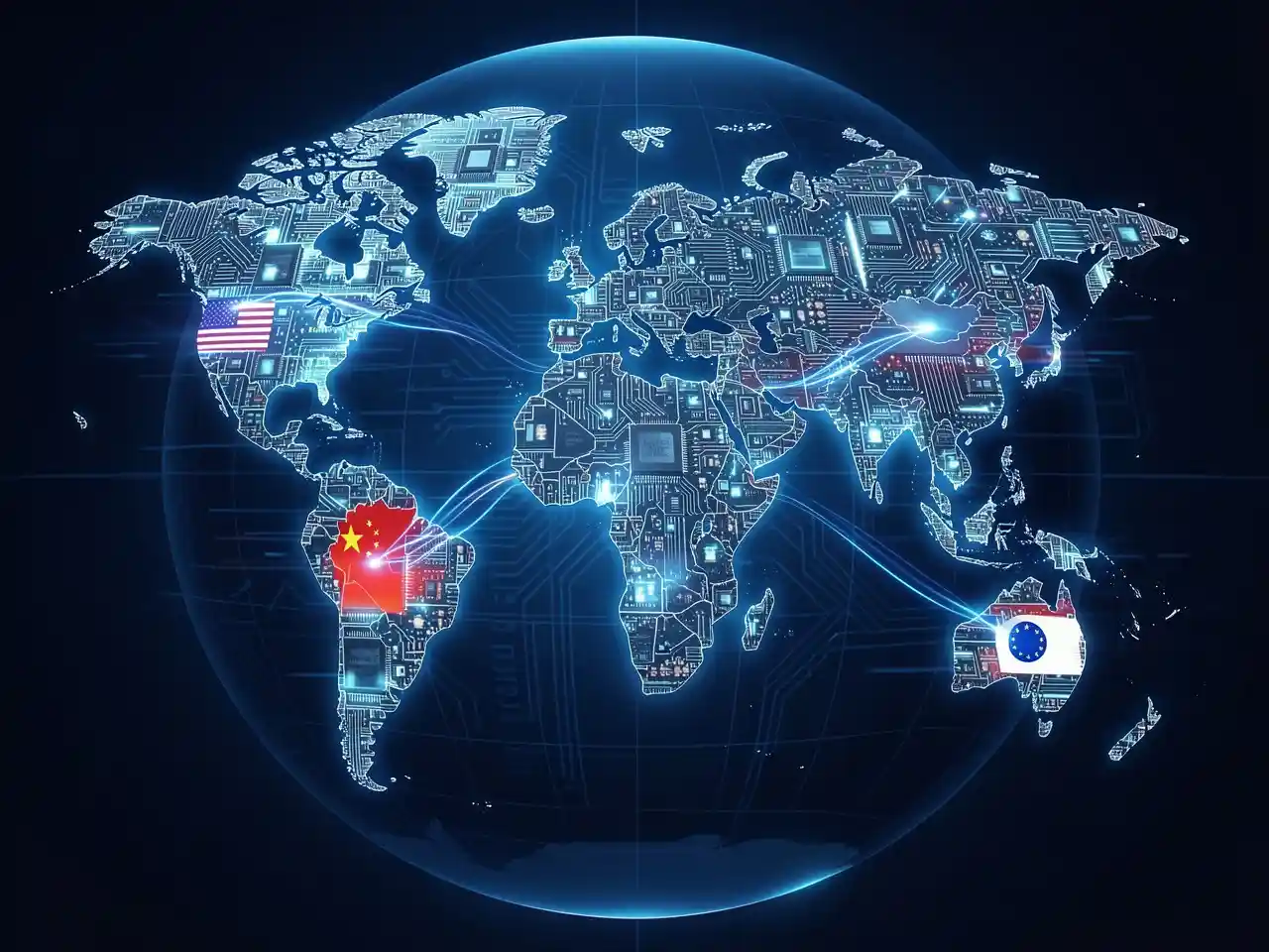 Stylized world map made of circuit boards and data streams, with U.S., EU, China, and ASEAN flags, illustrating global AI regulation competition and power rankings