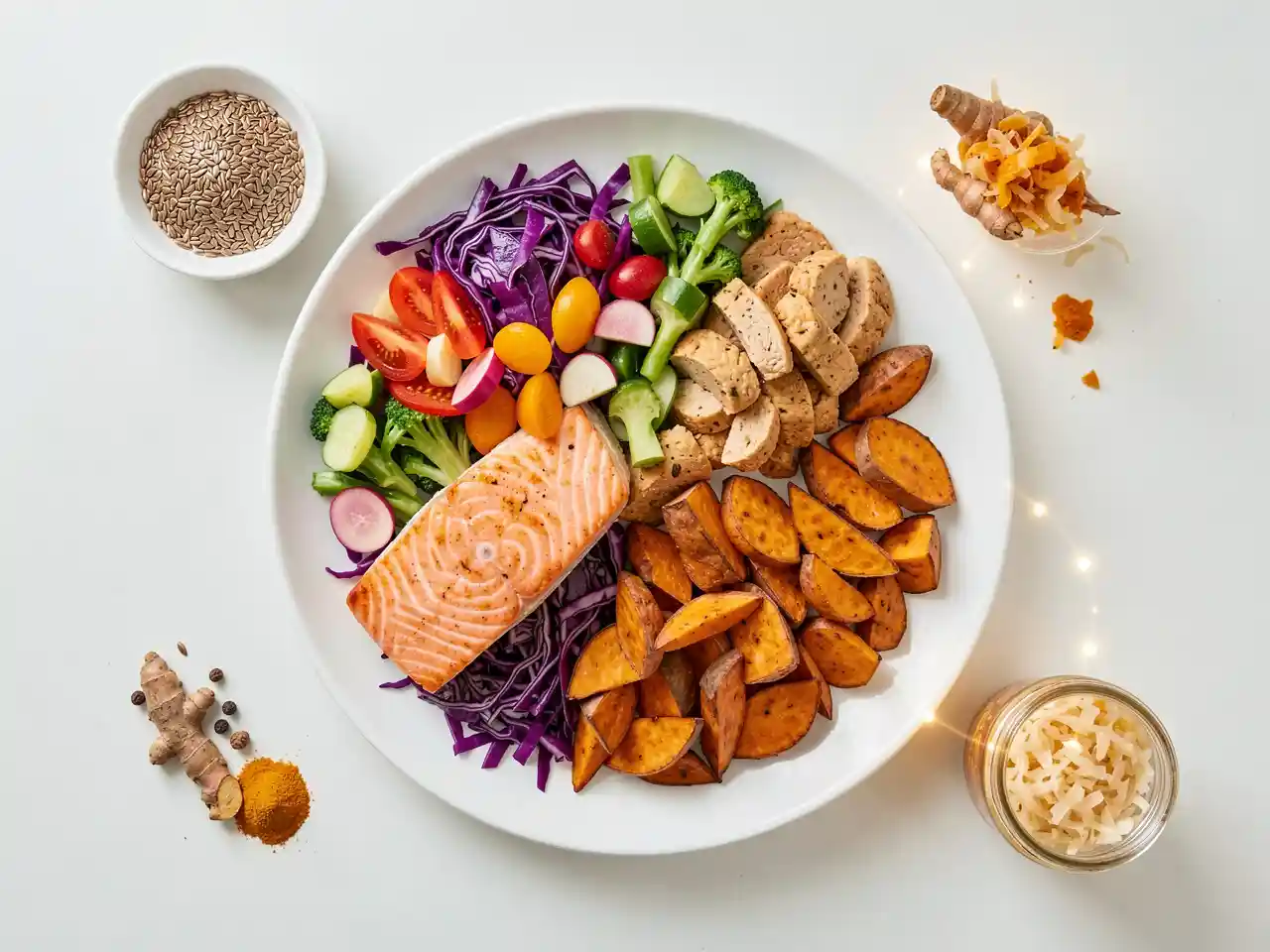 Top-down flat-lay of a vibrant, nutrient-dense plate divided into colorful vegetables, quality protein, and smart carbs, with small dishes of nutritional boosters