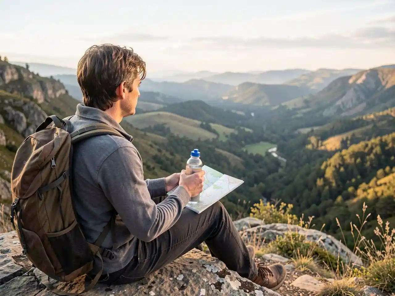 Traveler sitting at scenic viewpoint holding a reusable water bottle and map