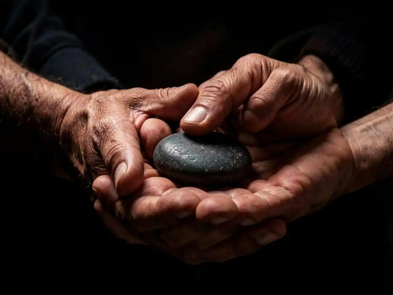 Two hands clasping with a weighty stone, symbolizing the heavy responsibility and integrity of keeping a commitment.