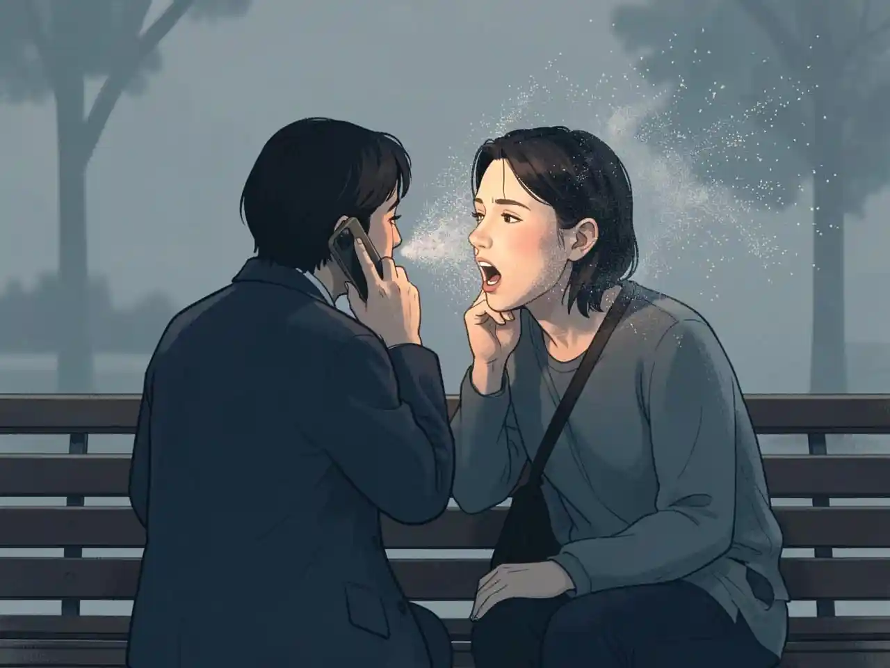 Two people sitting closely, one facing away speaking into a phone, the other's words dissolving into static before reaching them, symbolizing the modern paradox of wanting to be heard but not listened to