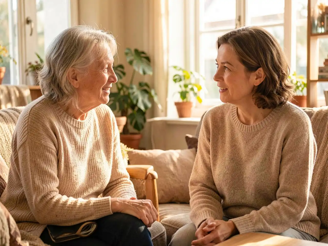Two women of different generations having a warm, supportive conversation in a sunlit room, representing open dialogue about menopause