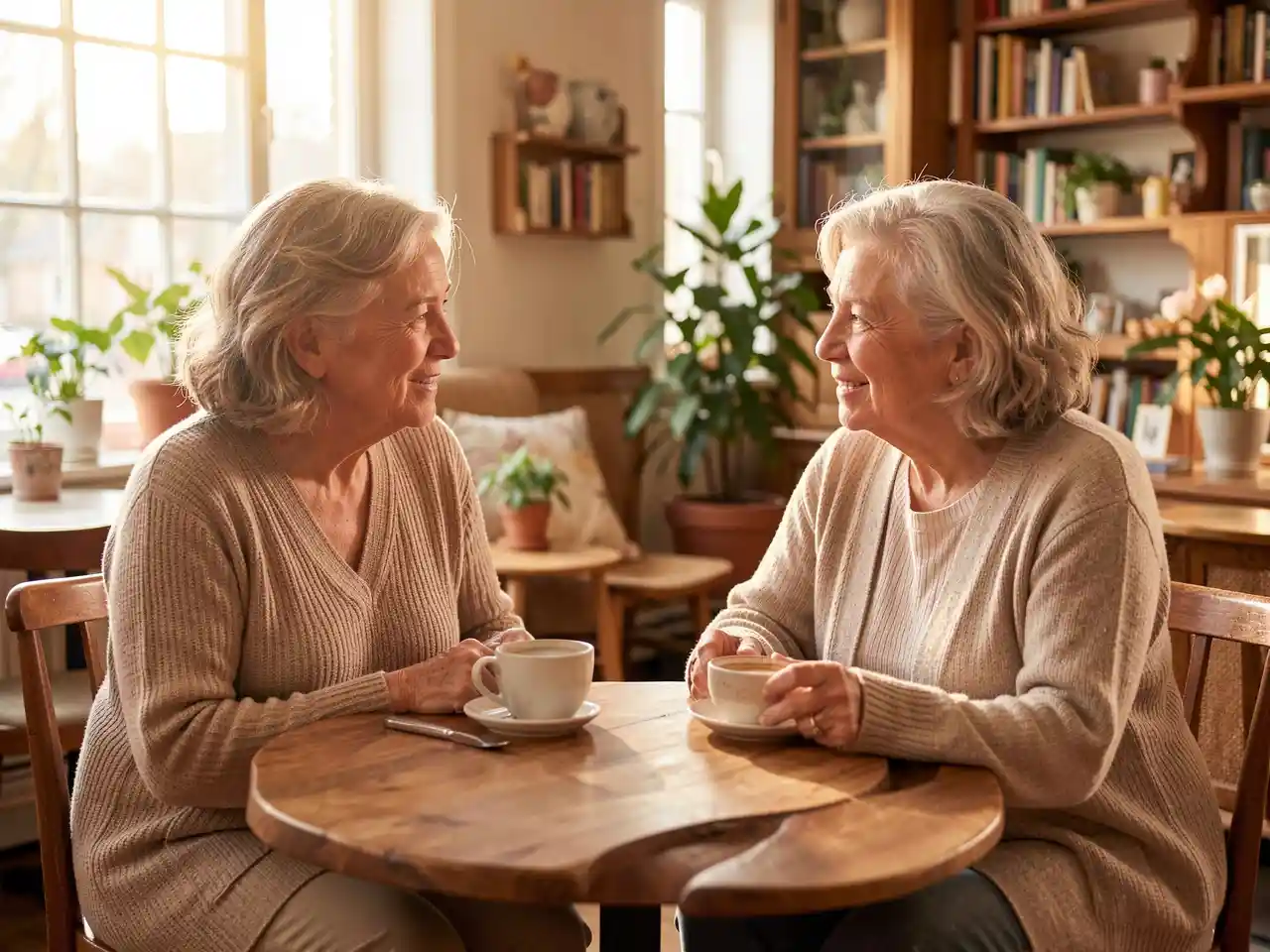 Two women thoughtfully discussing menopause and health choices in a warm setting