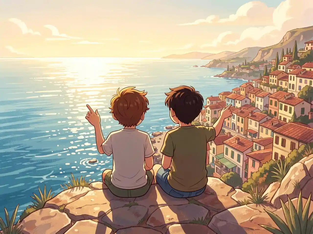 Two young friends sitting on a cliff overlooking the sea, symbolizing the courage of curiosity and the power of friendship in "Luca."