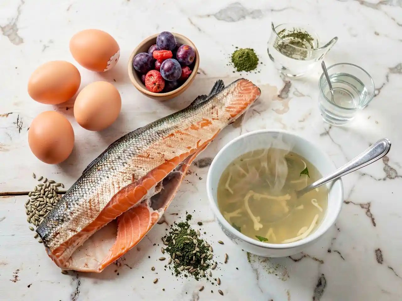 Vibrant flat-lay of collagen-boosting whole foods including salmon, eggs, Kakadu plums, bone broth, and spirulina, representing the science-backed collagen diet for aging skin