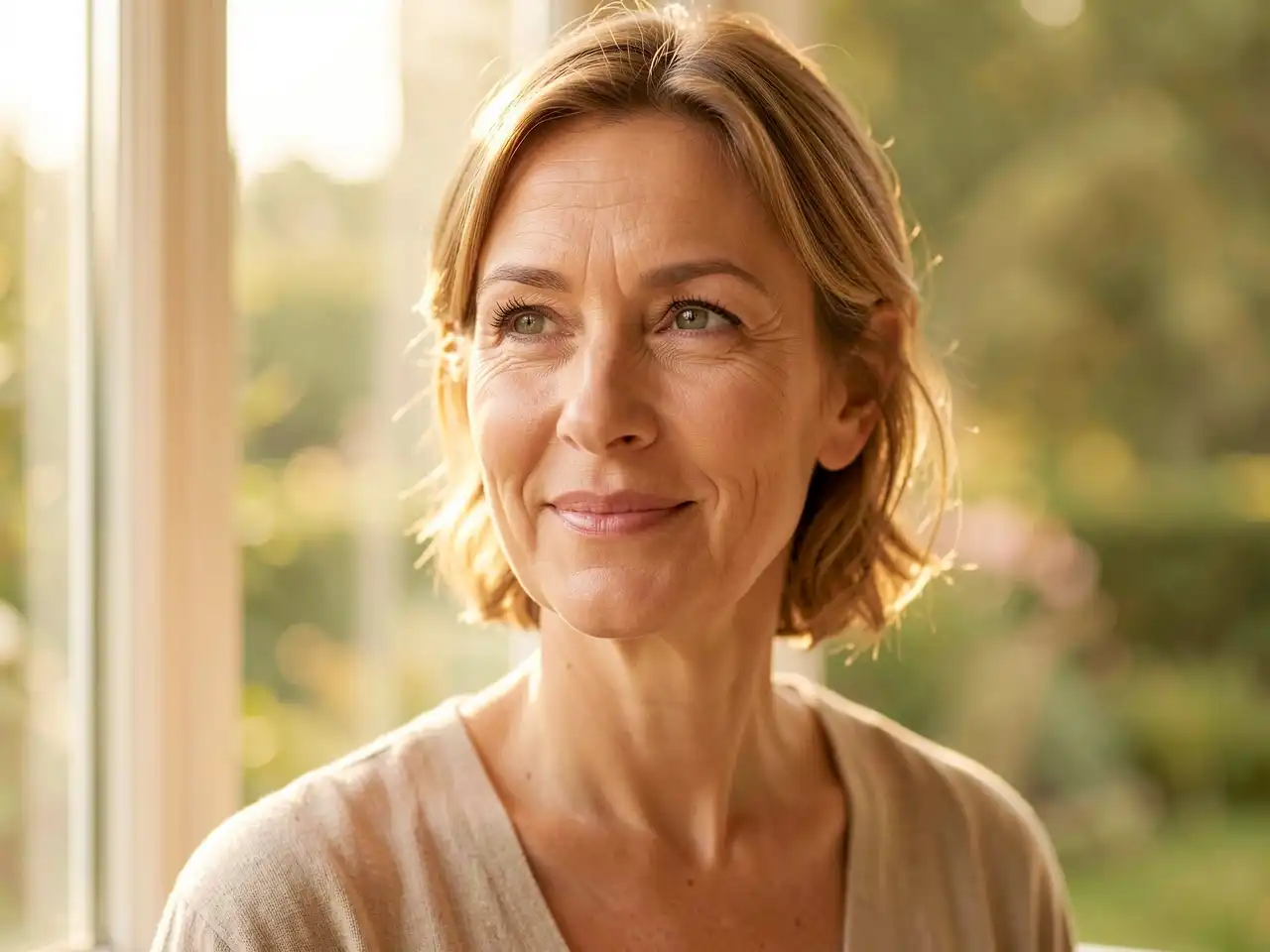 Warm portrait of a confident middle-aged woman with a gentle smile, natural lighting, representing dignity and openness about menopause