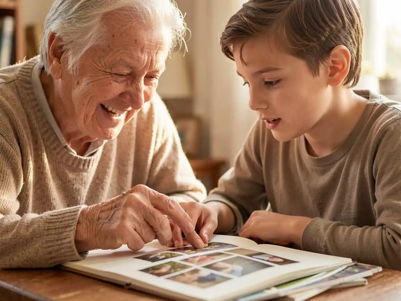 Warm, intimate close-up of an older person's weathered hand gently guiding a young person's hand as they look at a photo album together, with soft, natural light