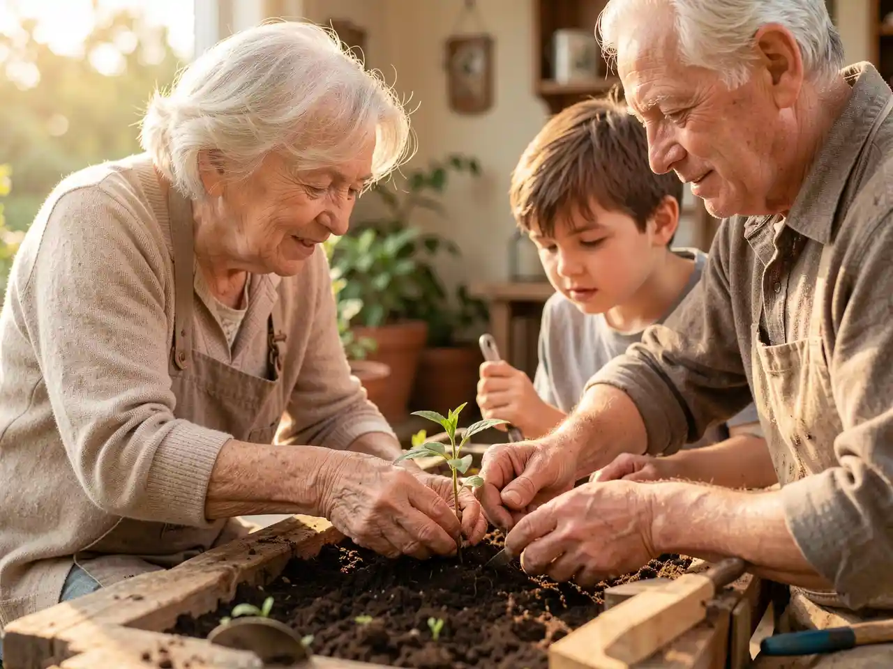 Warm, intimate photograph of an older person's hands gently guiding a young person's hands while planting a seedling, symbolizing the transfer of wisdom, purpose, and intergenerational connection that can heal a fractured society