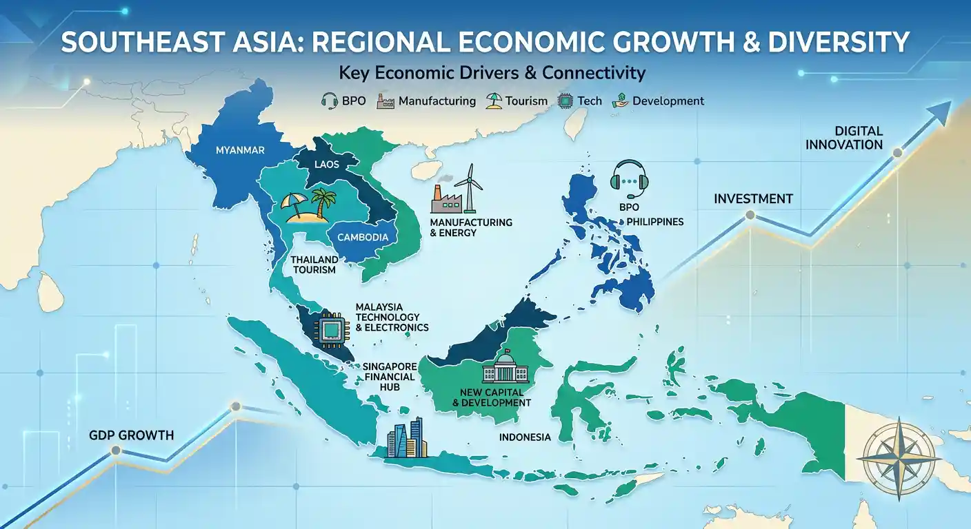 Southeast Asia map with economic icons representing key sectors in Philippines, Vietnam, Thailand, Malaysia, and Indonesia for real estate and growth comparison