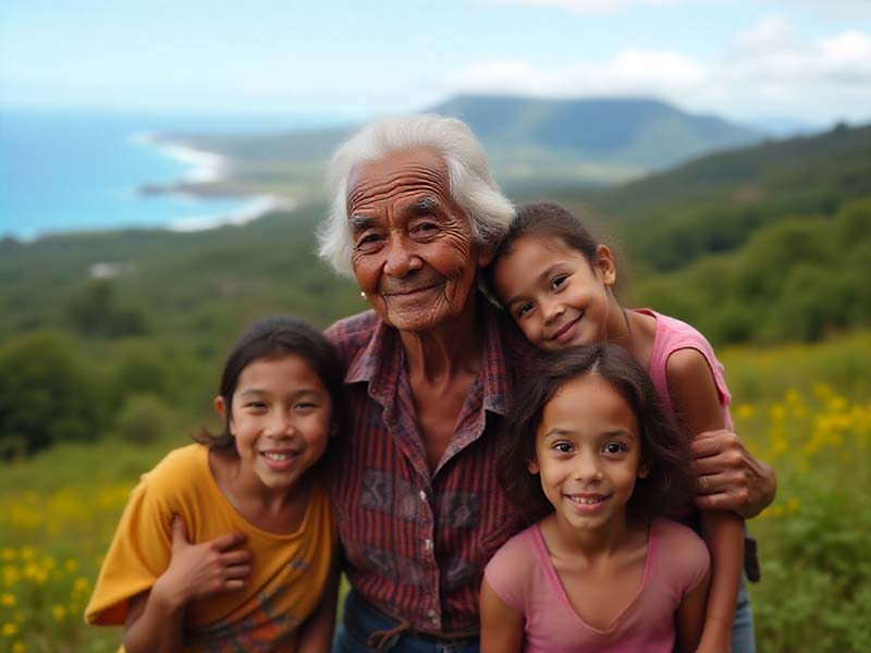 Nicoyan centenarian surrounded by family, Nicoya Peninsula, Costa Rica