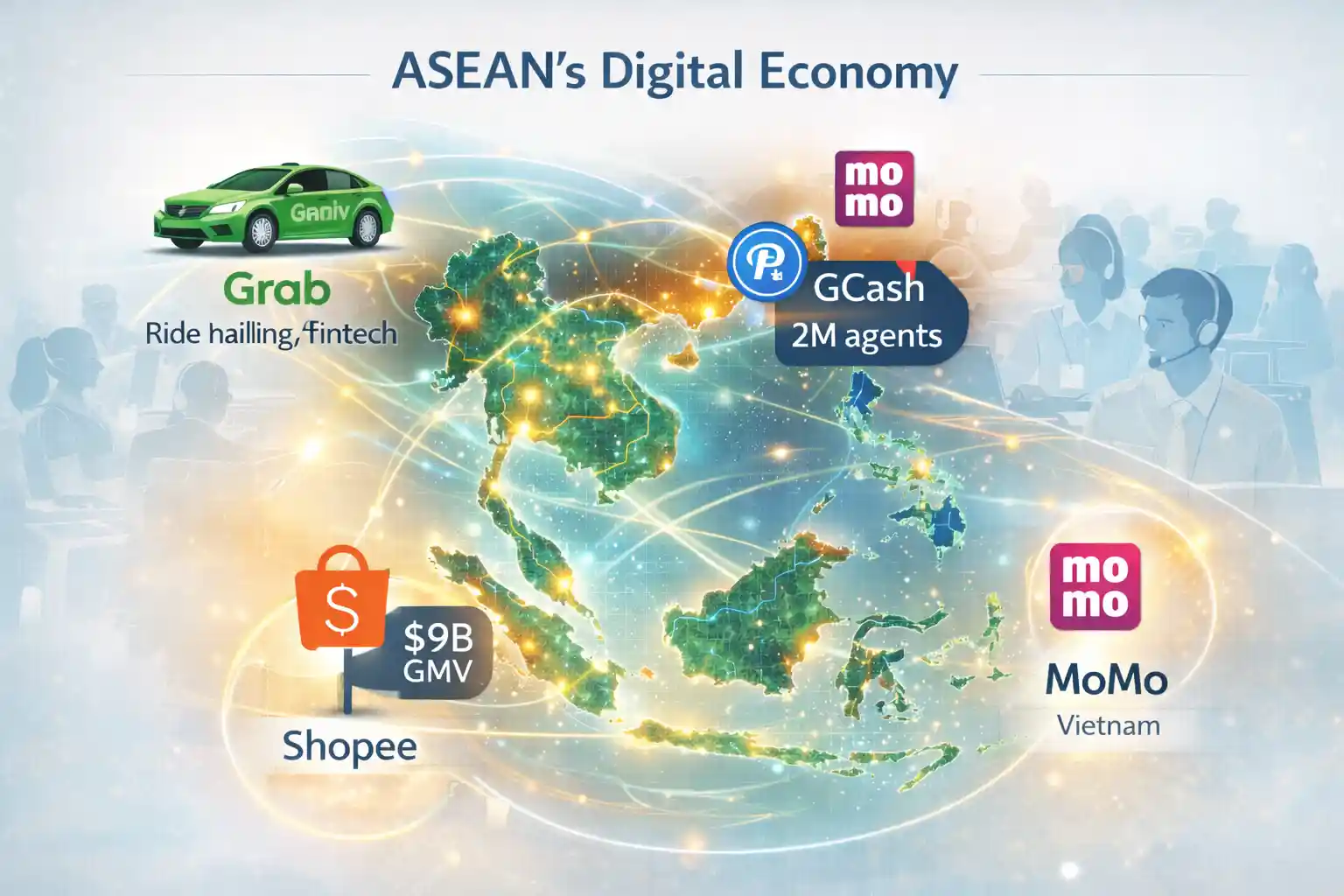 Stylized glowing map of Southeast Asia with key digital platform icons (Grab, Shopee, GCash, MoMo) connected by data lines, overlaid with subtle silhouettes of support workers, symbolizing ASEAN's $300 billion digital gold rush and its human-powered growth