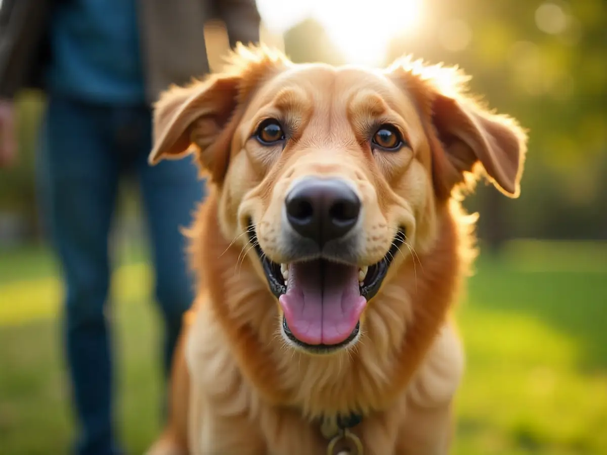 Happy dog and owner sharing a close bond outdoors