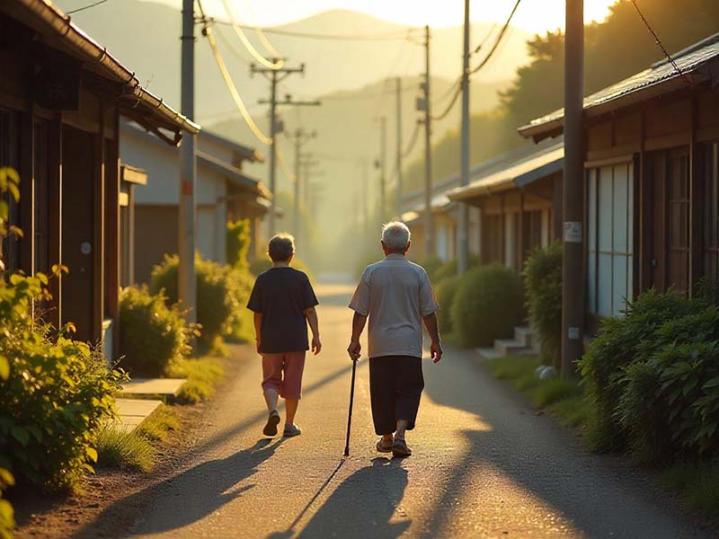 Okinawan centenarians walking at sunrise in their village