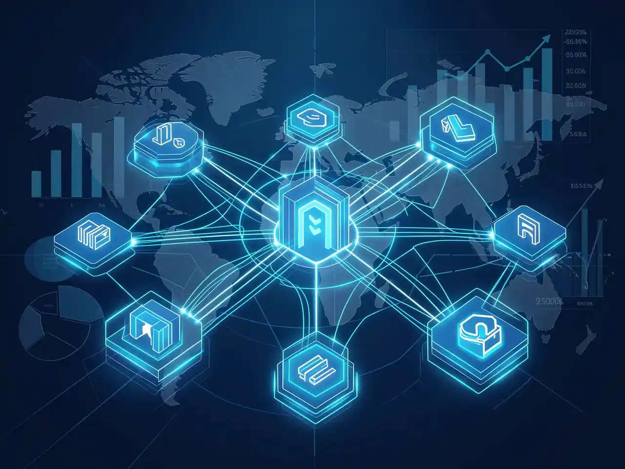 Stylized digital illustration of interconnected, glowing gateway icons (e-commerce, social media, streaming, SaaS) connected by data flow lines over subtle analytical graphs, representing the future of digital platform dominance and the global digital economy